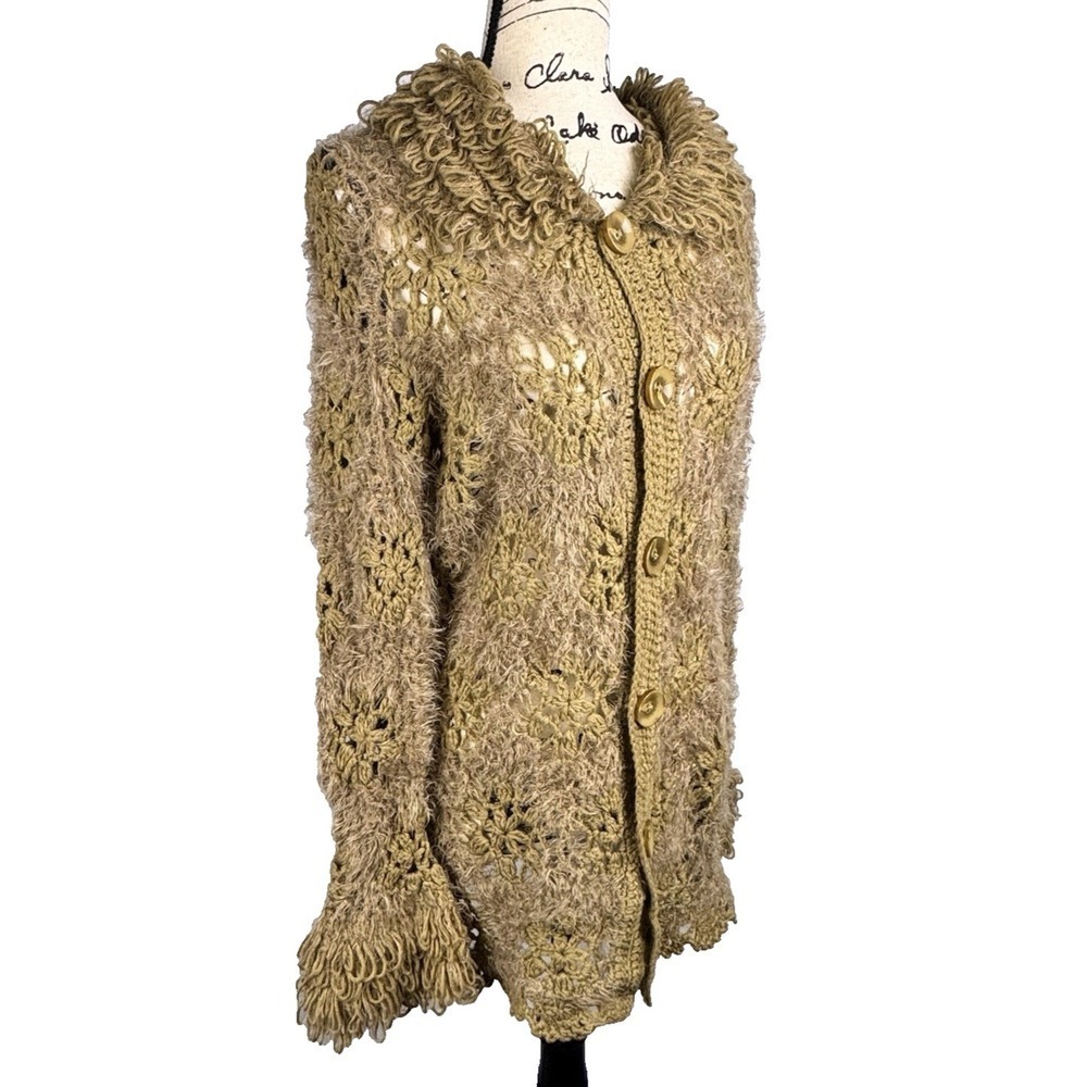 Wool Blend Long Cardigan Women L Open Crochet Textured Eyelash Festival Boho